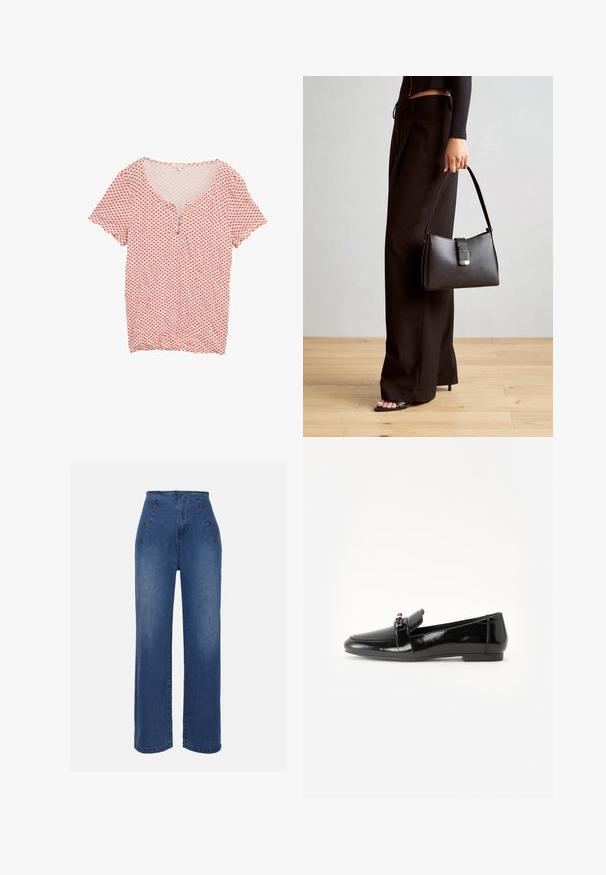 Camicia a maniche corte con scollo a V, a righe rosse e bianche, e patta con tre bottoni. Realizzata in tessuto leggero con una texture liscia.; Jeans in denim a vita alta di un blu medio. Presentano dettagli con bottoni frontali e un design a gamba ampia. Il tessuto ha una texture liscia con un leggero sbiadimento.; Mocassino in pelle verniciata nera con suola piatta, punta arrotondata e una fascia decorativa con accento in tonalità oro. Finitura liscia e lucida.; Borsa nera con forma strutturata, texture liscia e una chiusura metallica. Abbinata a pantaloni neri larghi e sandali open-toe su un pavimento in legno.