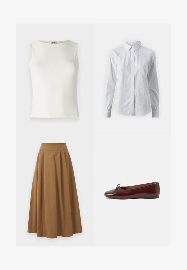 White sleeveless top made of smooth fabric, featuring a rounded neckline and clean edges, with a form-fitting silhouette. Brand label visible.; White button-up shirt made of smooth cotton, featuring a classic collar, long sleeves, and a curved hem. Buttons are small and white.; Brown cotton A-line skirt with a high waist, featuring pleats down the front and a smooth texture. Hem finishes are clean and simple.; Burgundy patent leather ballet flat with a rounded toe, small bow accent at the front, and a low, black rubber sole. Smooth texture.