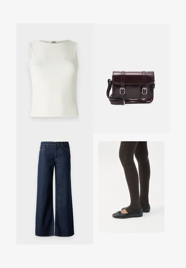 Balta bezpiedurkņu blūze, kas izgatavota no gludas auduma, ar apaļu kakla izgriezumu un tīrām malām, ar pieguļošu siluetu. Redzama zīmola etiķete.; Platas kājas džinsi tumši zilā denima krāsā. Iespējas ir kontrastējošās vīles, piecas kabatas un pogu aizdare jostasvietā. Gluda tekstūra.; Melnas plakano formas kurpes ar mazu loku uz pirksta, apvienotas ar tumši brūnām ribotām zeķubiksēm. Kurpēm ir gluda tekstūra un zems profils.; Burgundijas lakotas ādas crossbody soma ar taisnstūrveida formu, divām siksnām, sudraba krāsas aksesuāriem un vāku ar aizdari.