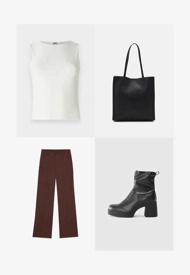 Top bianco senza maniche realizzato in tessuto morbido, caratterizzato da un colletto rotondo e bordi puliti, con una silhouette aderente. Etichetta del marchio visibile.; Pantaloni a gamba larga in un ricco tessuto marrone. Presentano una chiusura a bottone, due tasche frontali, una texture liscia e linee pulite.; Stivali neri alla caviglia in pelle liscia, con zip laterale, tacco spesso e texture, e punta arrotondata.; Borsa tote in pelle nera con texture liscia, forma rettangolare e due manici lunghi. Nessun hardware o decorazione visibile.