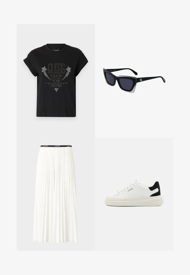 Juodas medvilnės marškinėliai su trumpomis, sukritomis rankovėmis, su metalizuotu sidabro spalvos tekstu ir žvaigždžių grafika, skaitant "GUESS FOLLOW YOUR DESTINY."; Pleated balta sijonas su juodu elastiniu juosmeniu, ant kurio yra "LACOSTE" logotipas. Vidutinio ilgio dizainas su švelnia tekstūra.; Baltos odinės sportbačiai su storu baltu padu, juodu nubuko kulno akcentu ir iškilmingu logotipu šone. Su raišteliais, turinčiais šešis akinius.; Juodos didelės saulės akinių su geometrine forma, turinčiais tamsius objektyvus ir kontrastingą pilką detalę ant rėmelio. Logotipas ant šalon.