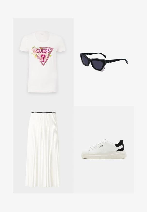 Bílý bavlněný tričko s barevným květinovým grafickým vzorem, růžovým trojúhelníkovým logem a slovem "GUESS®" v tučných písmenech.; Záhybová bílá sukně s černým elastickým pasem s logem "LACOSTE". Suška je střední délky a má jemnou texturu.; Bílé kožené tenisky s tlustou bílou podrážkou, černým semišovým akcentem na patě a vyraženým logem na boku. Šněrovací design se šesti očka.; Černé oversized sluneční brýle geometrického tvaru, s tmavými skly a kontrastním šedým detailem na rámu. Logo na rameni.