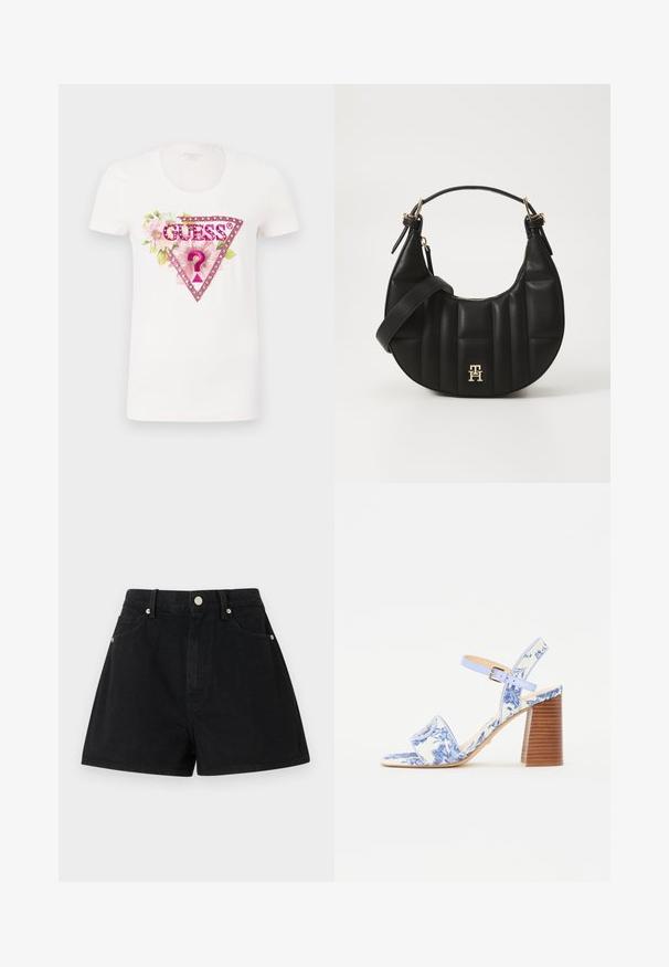Witte katoenen t-shirt met een kleurrijke bloemenafbeelding, een roze driehoekige logo en het woord "GUESS®" in vetgedrukte letters.; Zwarte denim shorts met een hoge taille, vijf zakken, zilverkleurige hardware en een standaard pasvorm, met een gladde textuur en een nette afwerking.; Blauw bloemenpatroon sandaal met een vierkante neus, een brede band en een verstelbare enkelband, met een getextureerde houten blokhak.; Zwarte leren handtas met een gebogen vorm, gevoerd textuur en gouden hardware. Beschikt over een afneembare schouderband en logo-detail.