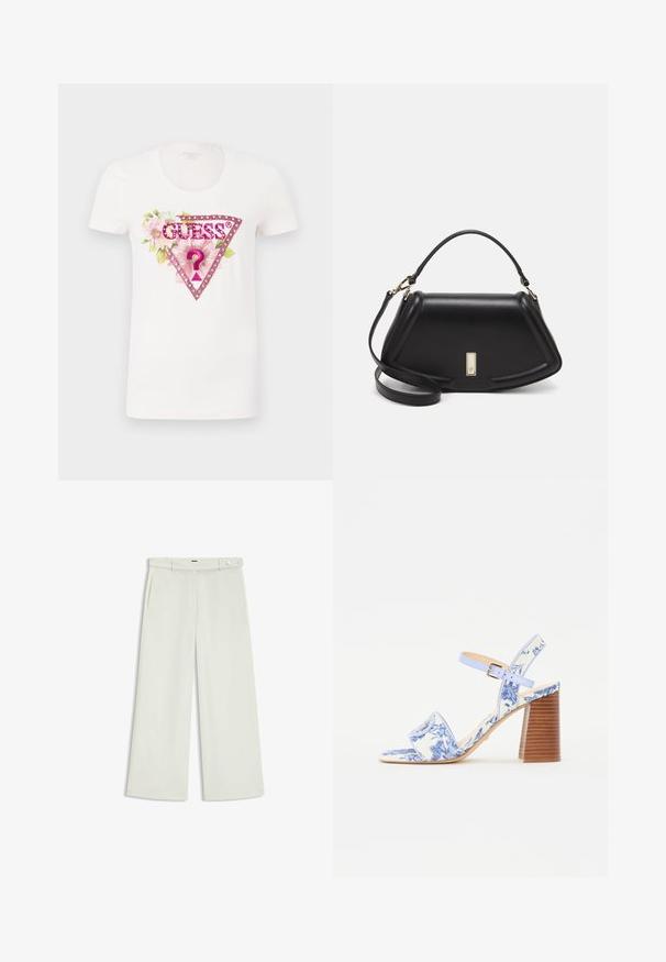 Witte katoenen t-shirt met een kleurrijke bloemenafbeelding, een roze driehoekige logo en het woord "GUESS®" in vetgedrukte letters.; Wijde broek in licht crèmekleurige stof, met zijzakken, een platte voorkant en een enkele knoopsluiting bij de taille. Glad van textuur.; Blauw bloemenpatroon sandaal met een vierkante neus, een brede band en een verstelbare enkelband, met een getextureerde houten blokhak.; Zwarte leren handtas met een gestructureerd ontwerp, featuring een verkorte vorm, bovenhandvat en gouden hardwareaccent. Inclusief verstelbare schouderband.