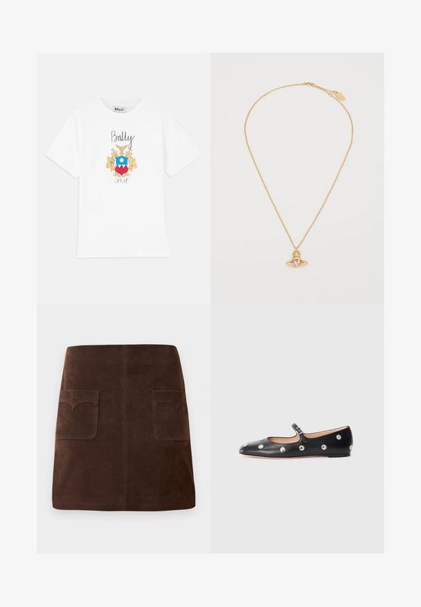 Balta medvilninė marškinė su spalvingu heraldiniu ženklu, kuris turi geltonus akcentus, mėlyną ratą ir raudonus trikampius. Virš ženklo juodai užrašyta "Bally".; Ruda veliūrinė sijonas, pasižymintis klasikinio A formos siluetu, dviem priekinėmis kišenėmis su apvaliais uždangaliukais ir subtiliais siuvinėjimo akcentais.; Juodų odinių Mary Jane plokščių batų su apvaliu pirštu, papuoštų sidabriniais apvaliais nagais ir reguliuojamu dirželiu su sagtimi.; Auksinė grandinėlė su širdies formos rožiniu akmeniu pakabuku, turinčiu geometrinį dizainą ir mažų skaidrių akcentų.
