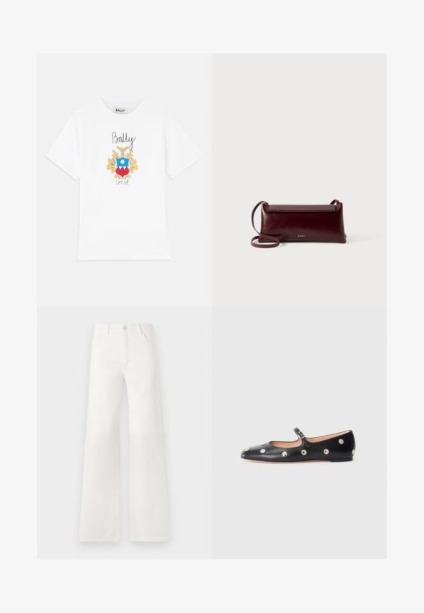 White cotton t-shirt featuring a colorful graphic crest with yellow accents, blue circle, and red triangles. "Bally" is printed in black above the crest.; White, high-waisted wide-leg jeans made of denim. Features a button closure, two front pockets, and side seams with stitching details.; Black leather Mary Jane flat shoe with a rounded toe, featuring silver circular studs and an adjustable strap with a buckle.; Burgundy leather crossbody bag with a smooth texture, rectangular shape, flap closure, and a thin adjustable strap. Gold logo detail visible.