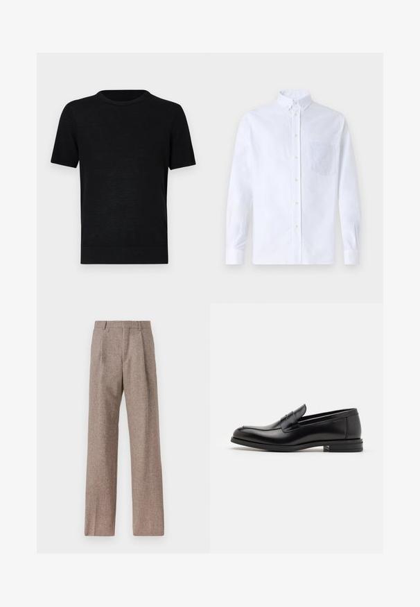 Tricou negru cu mânecă scurtă, confecționat dintr-un material ușor, cu decolteu rotund și tiv drept. Design simplu, fără modele sau accente.; Cămașă albă cu mânecă lungă, din bumbac, prevăzută cu un buzunar pe piept cu broderie tonală, guler și manșete cu buton.; Pantaloni bej, cu talie înaltă, dintr-un material texturat. Prezintă picioare late și două pliseuri frontale pentru structură. Finisaj îngrijit, fără accesorii vizibile.; Mocasini din piele neagră cu o textură netedă, vârf rotund și o curea decorativă peste partea superioară. Toc mic, design minimalist.