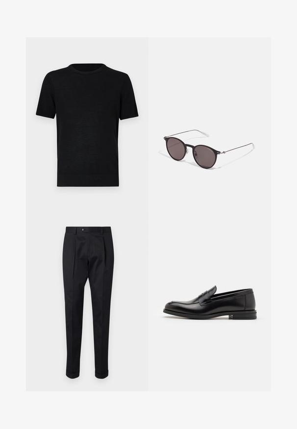 Czarny krótki t-shirt z krótkim rękawem, wykonany z lekkiego materiału, z okrągłym dekoltem i prostym dołem. Prosty design bez wzorów czy akcentów.; Czarne spodnie wykonane z gładkiego materiału, z zakładką z przodu, zapięciem na guzik i podwiniętymi mankietami na kostkach.; Czarne skórzane mokasyny o gładkiej fakturze, zaokrąglonym nosku i dekoracyjnym pasku na przodzie. Niski, warstwowy obcas, minimalistyczny design.; Czarne okrągłe okulary przeciwsłoneczne z ciemnymi soczewkami i smukłymi metalowymi ramkami. Zawierają przezroczyste końcówki zauszników oraz srebrne akcenty przy zawiasie. Minimalistyczny design.