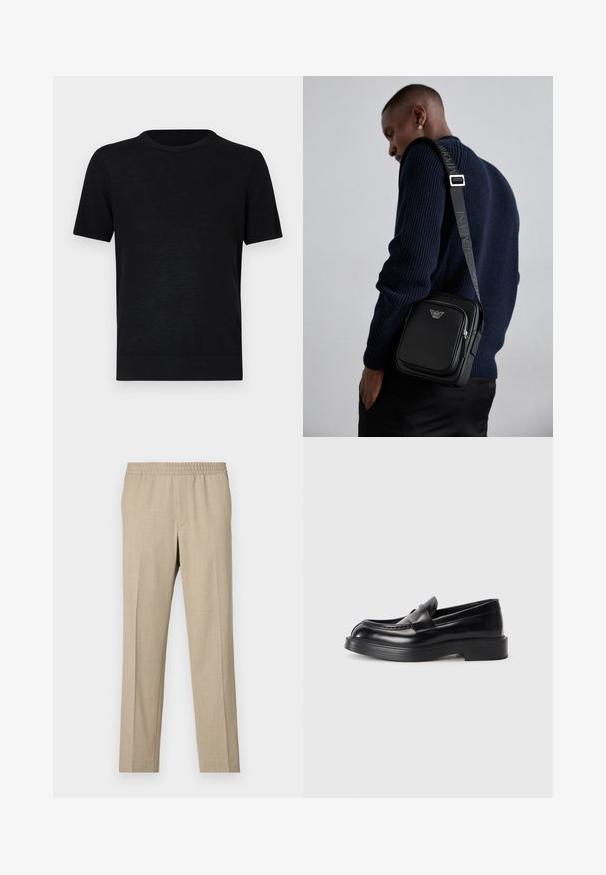 Svart kortärmad t-shirt i lätt material med rund halsringning och rak nederkant. Enkelt mönster utan tryck eller accent.; Filippa K THEO - Tygbyxor - sage melange; Svarta läderloafers med rund tå, en sydd design på ovandelen och en tjock gummisole. Slät textur med minimala detaljer.; Svart läder crossbody-väska med ett zippered fack, logodetalj och en justerbar axelrem med märke. Bärs mot en strukturerad marinblå tröja.