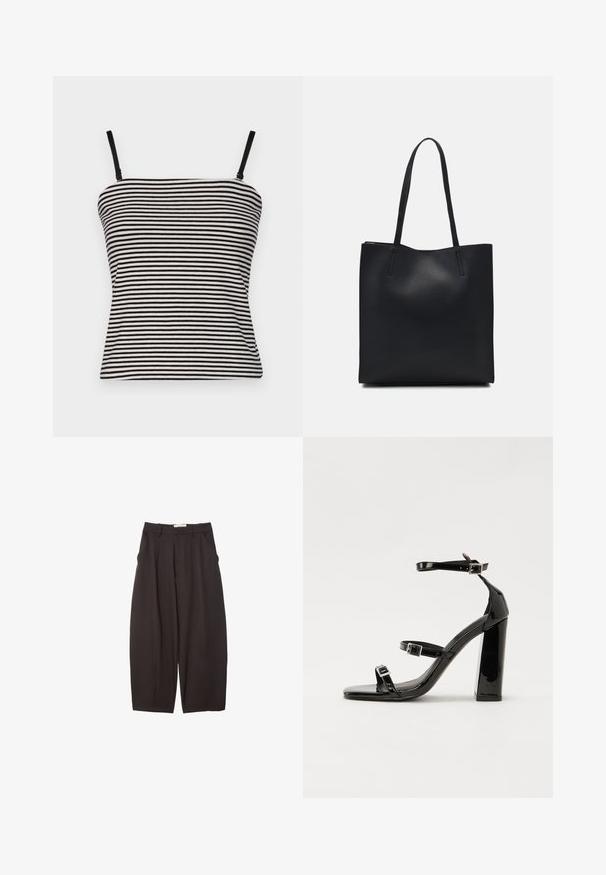 Czarna i biała pasiasta koszulka na ramiączkach z cienkimi, regulowanymi paskami i dopasowanym krojem, wykonana z lekkiego materiału o gładkiej fakturze.; Czarne spodnie o szerokich nogawkach wykonane z gładkiego materiału, z wysokim stanem, plisami z przodu i bocznymi kieszeniami. Prosty fason bez zdobień.; Czarne lakierowane sandały na obcasie z kwadratowym noskiem, z paskami wokół kostki i srebrnymi klamrami. Posiadają masywny słupek dla stabilności.; Czarna skórzana torba tote o gładkiej fakturze, prostokątnym kształcie i dwóch długich uchwytach. Brak widocznych elementów metalowych i ozdób.
