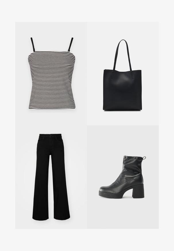 Camisole à rayures noires et blanches avec de fines bretelles réglables et un design ajusté, fabriquée en tissu léger avec une texture lisse.; Pantalons large en denim noir, dotés d'une taille structurée, de passants de ceinture et de poches avant. Texture lisse avec un design classique.; Bottes noires à la cheville en cuir lisse, dotées d'une fermeture éclair sur le côté, d'un talon épais texturé et d'une conception à bout rond.; Sac fourre-tout en cuir noir avec une texture lisse, de forme rectangulaire et deux longues poignées. Pas de matériel ou d'ornementations visibles.