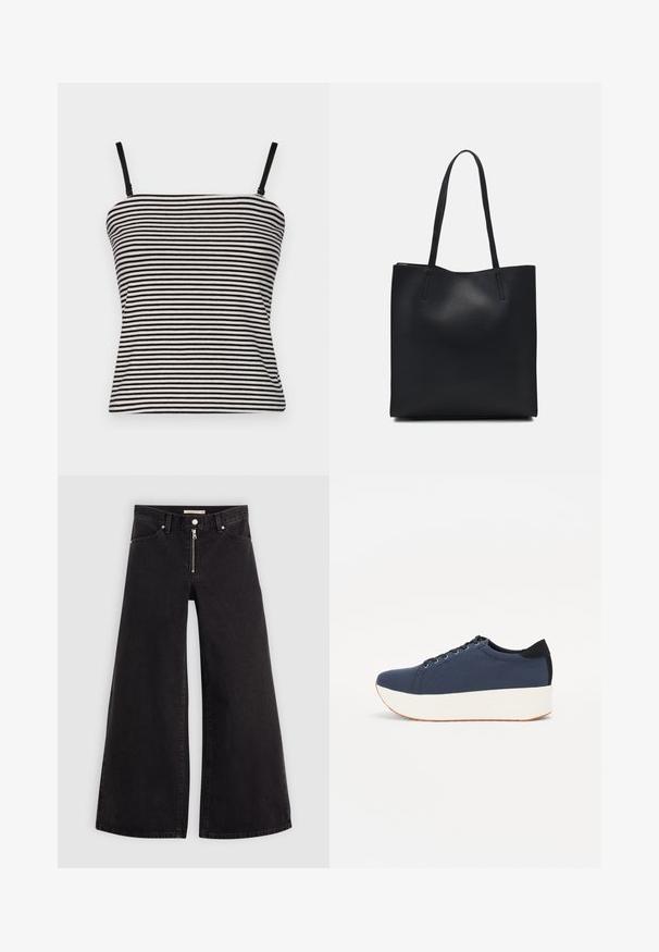 Camiseta de tirantes finos y ajustada a rayas blancas y negras, fabricada en un tejido ligero con una textura suave.; Jeans de pierna ancha en denim negro con cierre frontal, diseño de cinco bolsillos y detalles de costura sutiles. Textura suave y estilo casual.; Zapatilla de color azul marino con parte superior de tejido texturizado, suela de plataforma blanca, punta redondeada y acento en el talón negro. Cuenta con seis ojales para los cordones.; Bolso tote de cuero negro con textura lisa, forma rectangular y dos asas largas. Sin herrajes ni adornos visibles.