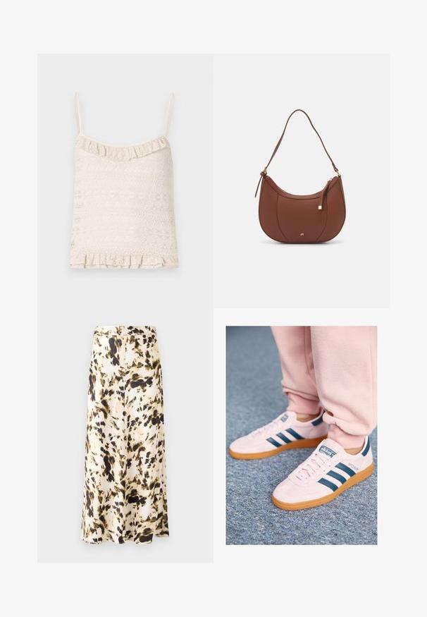 Camisole in pizzo di un leggero beige con spalline sottili regolabili, orlo arricciato e una texture a motivo intricato su tutto il tessuto.; Una gonna al ginocchio in un tessuto leggero con un motivo astratto beige, marrone e verde. Presenta una vita aderente e un design fluido.; Sneaker in suede rosa chiaro con strisce in pelle blu scuro e suola in gomma. Le caratteristiche includono lacci piatti e branding sul lato e sulla linguetta.; Borsa a spalla in finta pelle marrone con forma curvata, cuciture minime e un accento in metallo dorato. Presenta una chiusura con zip superiore e una tracolla regolabile.
