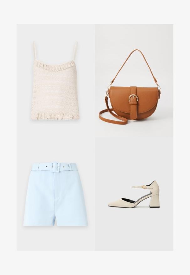 Čipkastog top s podesivim tankim trakama u svijetloj bež boji, s volanima na rubu i složenim uzorkom kroz cijelu tkaninu.; Svijetloplave kratke hlače s pojasom, koji ima kvadratnu kopču i metalne detalje. Glatka tkanina, kroj prsluka i nabran prednji dio.; Bež cipele od umjetne kože s blok petom, špicastim vrhom, kaišom oko gležnja i suptilnim detaljima u teksturi krokodila. Crna unutrašnjost.; Smeđa kožna torba preko tijela s zakrivljenim oblikom, zlatnim metalnim detaljima i naglaskom na kopču. Ima odvojivu naramenicu.
