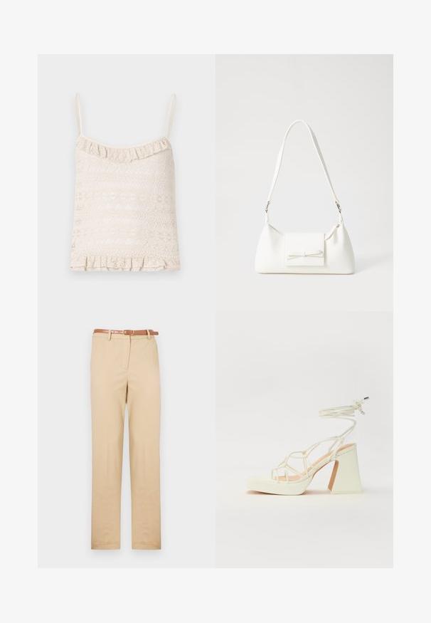 Camisola rendada em bege claro com alças finas ajustáveis, bainha com franzido e textura padronizada intrincada ao longo do tecido.; Chinos bege feitos de tecido leve, com um corte reto, bolsos laterais e um cinto de couro castanho com uma fivela retangular.; Sandálias brancas de salto alto com um salto robusto, apresentando um design com tiras e amarração no tornozelo. Textura suave com uma plataforma na frente para altura adicional.; Mala sintética branca com formato triangular, aba frontal plana e detalhe de laço, alça ajustável, textura suave e design minimalista.