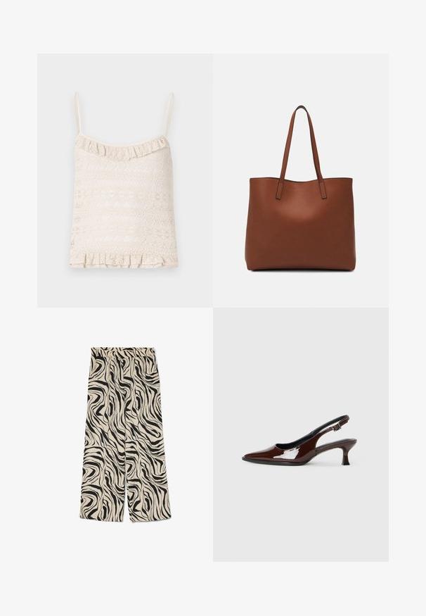 Pitsi camisole vaaleassa beigestä, jossa on säädettävät ohuet olkaimet, röyhelöhelma ja monimutkainen kuvioitu rakenne koko kankaan alueella.; Valkoisella taustalla olevat väljät housut, joissa on voimakas musta abstrakti seepra-kuvio. Varustettu joustavalla vyötärönauhalla ja sileällä pinnalla.; Ruske patentin nahkalijatke sa špicastim nosom i umjerenom petom. Sadrže remen s kopčom za sigurno pristajanje. Glatka tekstura.; Ruskea nahkainen olkalaukku, jossa on sileä pinta, avoin yläosa ja kaksi olkahihnaa. Omaavat vain minimaalisen ompelun eikä näkyvää metalliosaa.