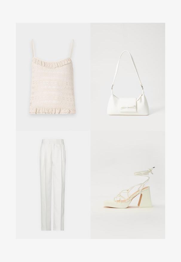 Camisole in pizzo di un leggero beige con spalline sottili regolabili, orlo arricciato e una texture a motivo intricato su tutto il tessuto.; Pantaloni bianchi a righe sottili con un design a gamba dritta, realizzati in un tessuto leggero. Presentano pince sul davanti e una vita tradizionale.; Sandalo bianco con tacco alto, caratterizzato da un design a cinturini e un legaccio alla caviglia. Texture liscia con una piattaforma frontale per un'altezza aggiuntiva.; Borsa sintetica bianca a forma triangolare, con patta anteriore piatta e dettaglio a fiocco, tracolla regolabile, texture liscia e design minimalista.