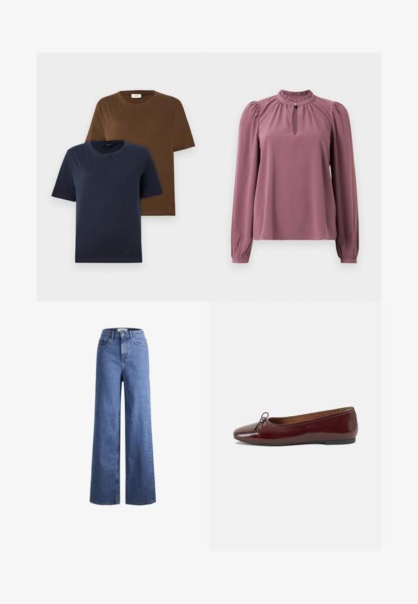 To t-skjorter med korte ermer: en i mørk marine og en i rik brun. Begge har rund hals og en myk, jevn bomullstekstur.; Langermet mauve-bluse med rynket krage, nøkkelhull-utsnitt med knappeåpning, og litt puffede skuldre.; Lyseblå denim vide benbukser med høy midje, to frontlommer og synlig søm. Har knapp- og glidelås-lukking.; Burgunderrød lakk lær ballettleilighet med rund tå, liten sløyfe foran og en lav, svart gummisåle. Glatt tekstur.