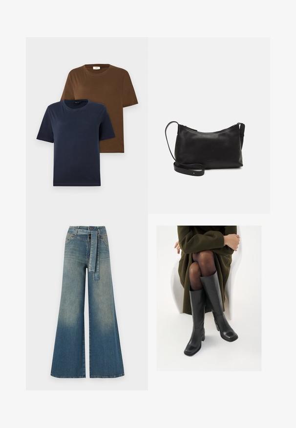 Două tricouri cu mânecă scurtă: unul în navy închis, iar celălalt în maro bogat. Ambele au guri rotunde și o textură de bumbac moale și netedă.; Pantaloni din denim largi, cu un gradient de la albastru deschis la albastru închis, talie înaltă, bucle pentru curea și o curea din același material. Finisaj texturat din denim.; Cizme din piele neagră, până la genunchi, cu vârf pătrat și toc bloc, prezentate pe un model așezat într-o haină verde măsline. Textură netedă, detalii minime.; Geantă de umăr din piele neagră, cu o textură netedă, formă curbată, curea ajustabilă și închidere cu fermoar. Design minimalist, fără embellishments.