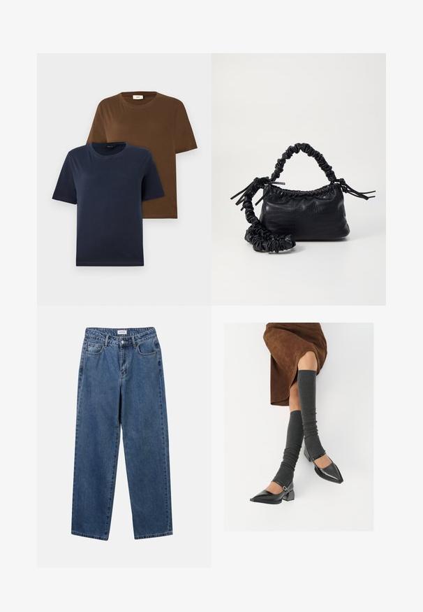 Twee t-shirts met korte mouwen: de ene in donker marineblauw, de andere in rijk bruin. Beide hebben een ronde halslijn en een zacht, glad katoenmateriaal.; Klassieke blauwe denim jeans met een rechte pijp, vijf zakken en een knoopsluiting. Heeft een middelgrote wasbeurt en stevige textuur.; Zwarte gepatineerde leren pumps met een puntige neus, een blokhak en een enkelbandje, gecombineerd met grijze geribde beenwarmers en een bruine suède rok.; Zwarte nepleer handtas met een krokodillenstructuur, opgedroogde bovenkant en een gekreukte hengsel. Het lijkt zacht en compact van ontwerp.