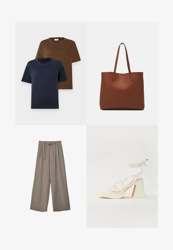 Dve kratke majice s kratkimi rokavi: ena v temno modri barvi, druga v bogato rjavi. Obe imata okrogle ovratnike in mehko, gladko bombažno teksturo.; Široke hlače iz mehke, umirjene sive tkanine, z pasom, ki ga je mogoče zavezati, in z gubami za dodatne oblikovne podrobnosti. Gladka tekstura, brez vzorcev.; Bela sandala na visokih petah s debelim petam, ki ima obliko trakcev in vezanje okoli gležnja. Gladka tekstura z platformo spredaj za dodatno višino.; Rjava usnjena torba z gladko teksturo, odprto zasnovo zgoraj in dvema naramnima trakovoma. Opremljena je z minimalnim šivanjem in brez vidnih kovinskih delov.