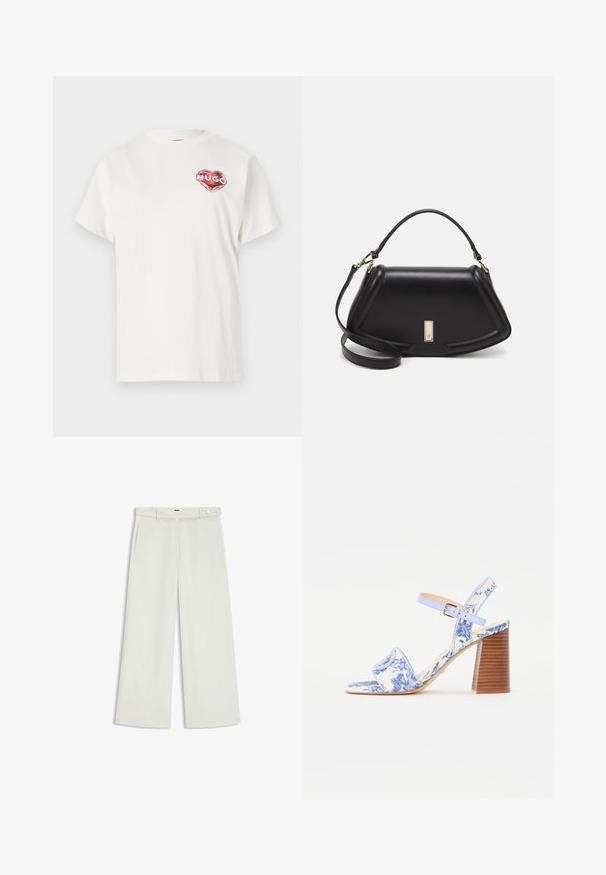 Vit bomull t-shirt med rund halsringning, som har en röd hjärtformad grafik med ordet "HUGO" inuti. Kort ärm, avslappnad passform.; Vita byxor i ljus krämig tyg, med sidofickor, platt fram och en enda knappstängning vid midjan. Slät struktur.; Blå blommönstrad sandalett med fyrkantig tå, bred rem och justerbar vristrem, med en texturerad träklack.; Svart läderhandväska med en strukturerad design, som har en avskuren form, ett handtag upptill och guldiga detaljer. Justerbar axelrem ingår.