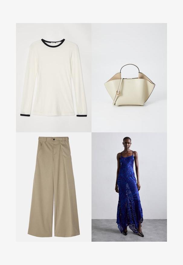 Long-sleeve shirt in off-white fabric with a black crew neckline and cuff accents. Soft texture, fitted design with a smooth finish.; MM6 Maison Margiela PANTS - Trousers - bus green; Blue and purple animal print maxi dress with thin straps, a fitted bodice, flared hem, and sheer overlay detailing.; Ree Projects ANN - Handbag - beige