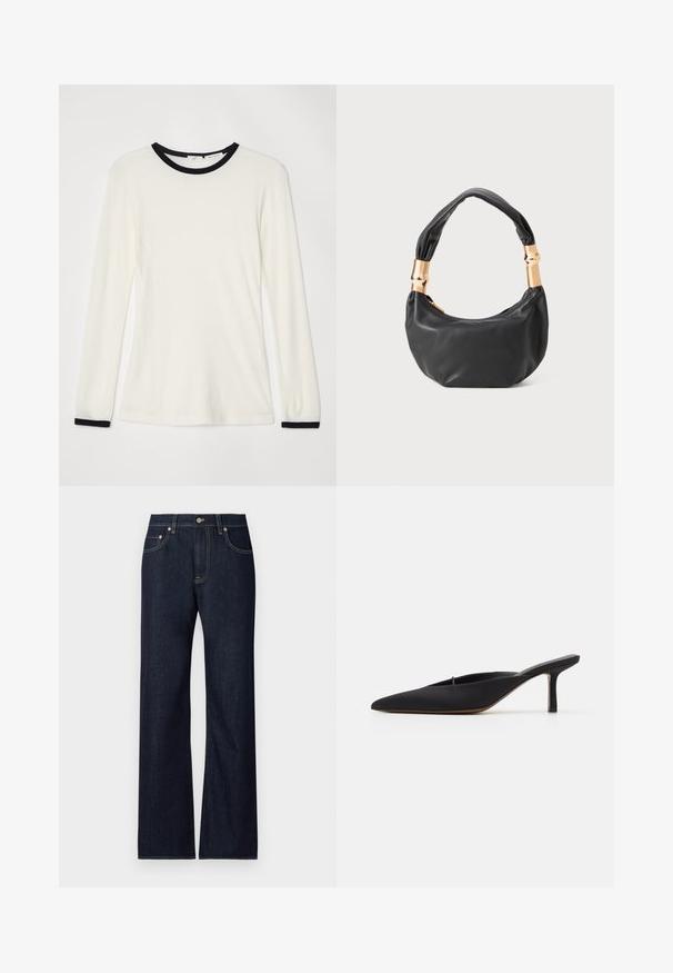 Langarmhemd aus cremefarbenem Stoff mit schwarzem Rundhalsausschnitt und Akzenten an den Manschetten. Weiche Textur, figurbetontes Design mit glatter Oberfläche.; Dunkelblaue Denim-Jeans mit geradem Bein, ausgestattet mit fünf Taschen, kontrastierendem gelbem Nähgarn und einem Metallknopfverschluss.; Schwarze spitz zulaufende Mule mit einem eleganten Design, aus glattem Material gefertigt, verfügt über einen schmalen Absatz und eine offene Ferse für ein einfaches An- und Ausziehen.; Schwarze Lederhandtasche mit runder Form, weicher Textur und einem geknoteten Griff mit goldfarbenen Hardware-Akzenten. Reißverschlussverschluss.