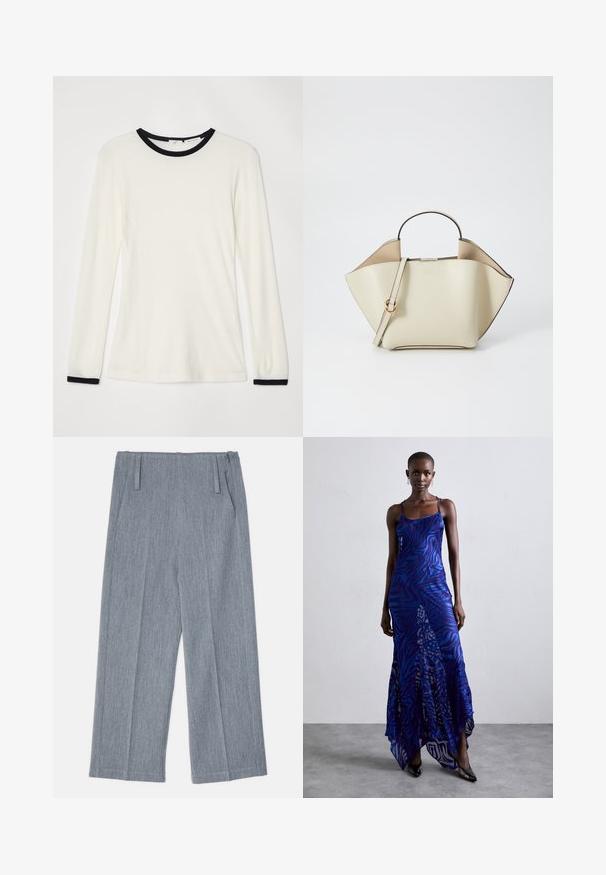 Langarmhemd aus cremefarbenem Stoff mit schwarzem Rundhalsausschnitt und Akzenten an den Manschetten. Weiche Textur, figurbetontes Design mit glatter Oberfläche.; Hellgraue, weit geschnittene Hosen aus strukturiertem Stoff, mit zwei vorderen Falten und zwei Seitentaschen. Sauberes, maßgeschneidertes Design.; Maxikleid im blauen und lila Tiermuster mit dünnen Trägern, einem taillierten Oberteil, ausgestelltem Saum und transparenten Überlagerungen.; Ree Projects ANN - Handtasche - beige