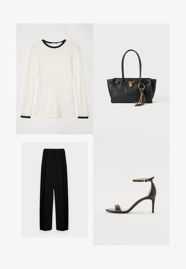 Dugavičena košulja dugih rukava u off-white boji s crnim okruglim izrezom i akcentima na manžetama. Mekana tekstura, prilagođen dizajn s glatkom završnom obradom.; Crne široke hlače s visokim strukom, s naborima i glatkom teksturom. Tkanina izgleda lagano i elegantno pada.; Crne kožne sandale na visokom potpeticu s remenom oko gležnja. Imaju glatku teksturu, otvoreni prst i tanku potpeticu. Detalj s kopčom u zlatnoj boji.; Crna kožna torba s dvostrukim ručkama, zlatnom bravicom i lancem kao detaljem, te crno-bijelim resicom kao dodatkom, sve na bijeloj pozadini.