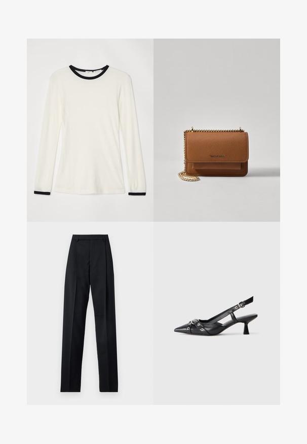 Långärmad skjorta i elfenbensfärgad tyg med svart rund halsringning och manschettdetaljer. Mjuk textur, figursydd design med en slät yta.; Svarta byxor i mjukt tyg med hög midja, vida ben, framfickor och klassiska bältesöglor. Inga sidofickor synliga.; Svart lädersko med slingback-design, spetsig tå, dekorativa remmar med metallöglor och en låg klack. Texturerad yta.; Brun texturerad läder crossbody-väska med guldkedja och klaffstängning. Framsidan har logotypdetalj och en ficka under klaffen.
