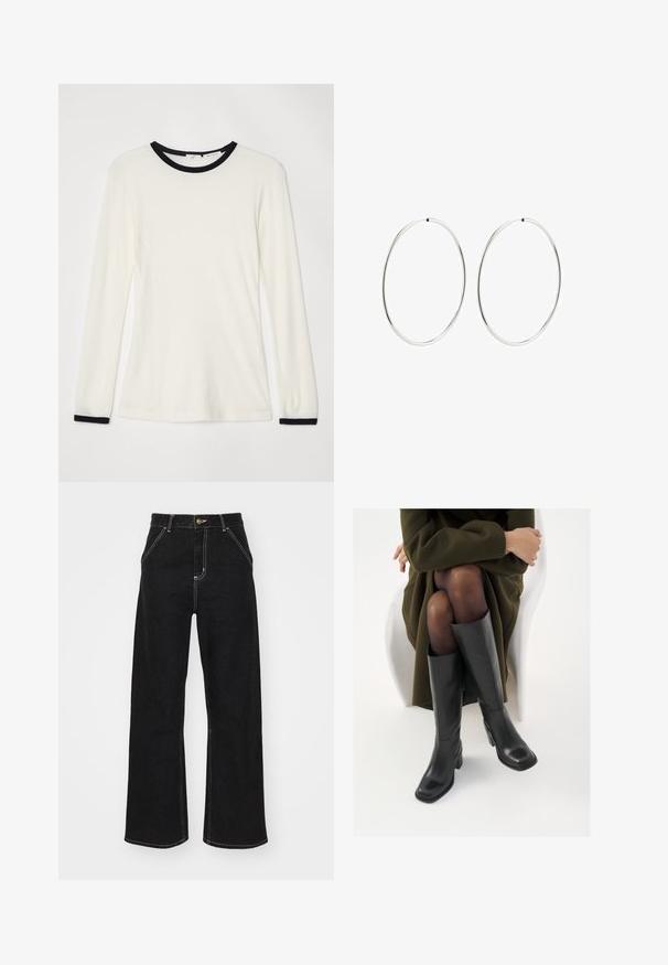 Majica s dolgimi rokavi v off-white tkanini z črnim okroglim ovratnikom in ojačitvami na manšetah. Mehka tekstura, prilega se telesu z gladkim zaključkom.; Črne široke kavbojke iz denima, ki imajo kontrastne bele šive in sprednje gumbno zapiranje, ter dve nagnjeni sprednji žepi.; Črne usnjene čevlje do kolen s kvadratnim prstom in blok peto, prikazani na modelu, ki sedi v olivno zeleni plašču. Gladka tekstura, minimalne podrobnosti.; Srebrne obročaste uhane z gladkim, okroglim dizajnom in poliranim zaključkom. So tanke in lahke, z enostavnim zapiranjem na sponko.