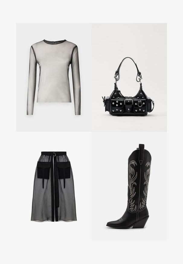 Długi rękaw, przezroczysta szara bluzka z okrągłym dekoltem, z czarnymi kamieniami wzdłuż kołnierza i ramion, gładka tekstura.; Czarna przezroczysta spódnica z marszczeniem w pasie, posiadająca dwie dużej wielkości kieszenie z przodu, pasek w talii oraz okrągły metalowy akcent.; Czarne skórzane kowbojskie buty z wydłużonymi noskami, obcasem typu koturn oraz srebrnymi haftowanymi wzorami kwiatowymi wzdłuż cholewy. Kontrastowe szwy na całej długości.; Czarna skórzana torebka w zakrzywionym kształcie, z srebrnymi ćwiekami, klamrą i dwoma bocznymi kieszeniami. Regulowany pasek umożliwiający różne opcje noszenia.