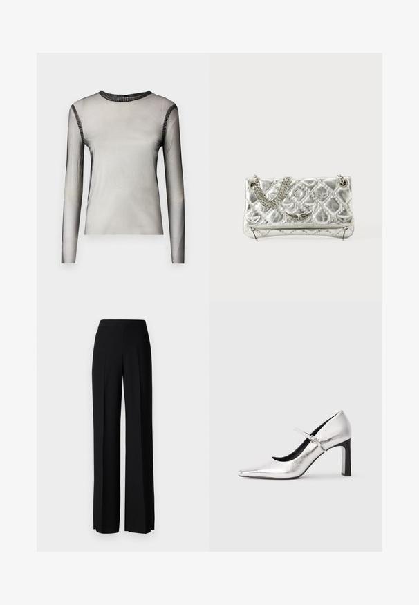 Paita hyllymättömiä hihoja, läpikuultava harmaa, jossa pyöreä kaula-aukko, mustilla kiviaksentteilla kauluksessa ja harteilla, sileä rakenne.; Mustat leveälahkeiset housut, joissa on sileä pinta, korkea vyötärö ja keskiset laskokset. Ei näkyviä kuvioita tai metalliosia.; Hopeat korkokengät Mary Jane -mallia, joissa on kärjestä osoittava muoto ja ohut säädettävä hihna, esitelty valkoista taustaa vasten.; Hope penkki, jossa on metallinhohtoinen pinta, ketjuhandle, tikattu tekstuuri, koristeelliset ompeleet ja vetoketjukiinnitys. Edessä on kohokuvioituja koristeita.