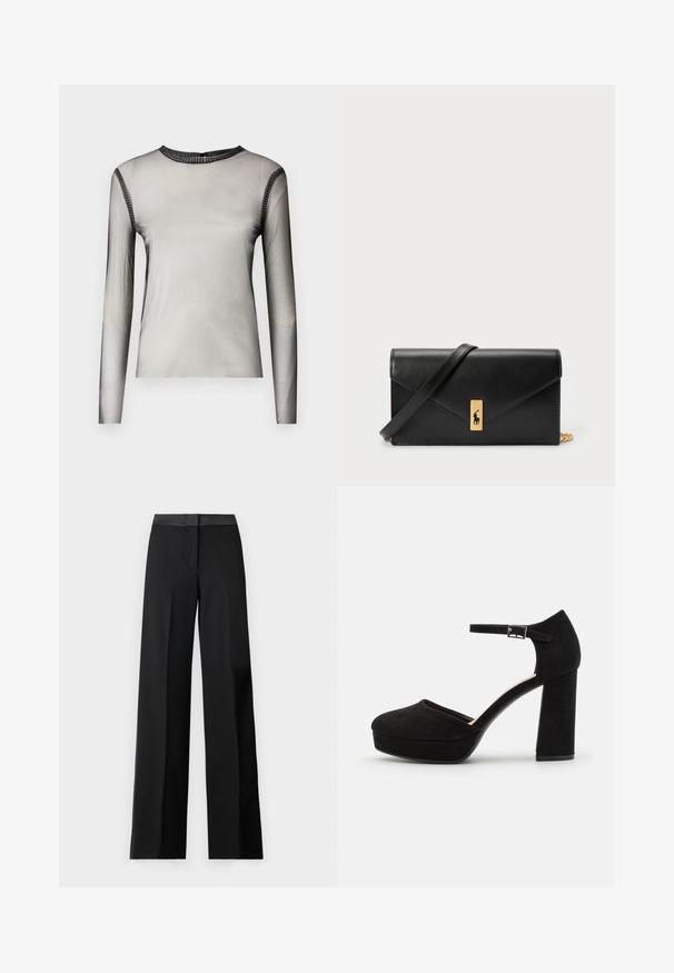 Long-sleeved, sheer gray top with a round neckline, featuring black stone accents along the collar and shoulders, smooth texture.; Black wide-leg trousers featuring a smooth waistband and a sleek, tailored design. Made from lightweight fabric with a flowing texture.; Black suede platform heels with a thick block heel, rounded toe, and ankle strap secured by a metal buckle. Smooth texture throughout.; Black leather wallet with a fold-over flap, gold hardware, featuring a logo accent. Includes a detachable strap for carrying.