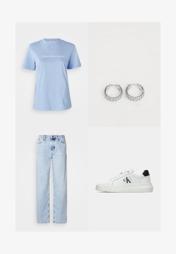 Gaiši zils kokvilnas T-krekls ar īsām piedurknēm, apaļu dekoltē un balts "Calvin Klein Jeans" logo, kas izdrukāts krūšu daļā.; Gaiši zilas platās kājas džinsi, izgatavoti no denima, ar augstu jostas vietu, izbalinātu krāsu un smalku krāsošanas rakstu priekšpusē.; Baltā zema topa sporta apavas ar melnu papēža cilni, platformas zoli, auklēm un Calvin Klein "CK" logo sānos.; Sudraba gredzena auskari ar faktūras dizainu, kas ietver vertikālas rievas. Apaļa forma ar drošu aizdari. Gluda apdare.