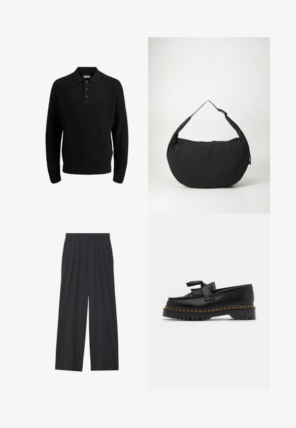 Črn pleten pulover s polo ovratnikom, zapenjanjem na tri gumbe, rebrastimi manšetami in robom. Teksturno blago z ohlapnim krojem.; Široke hlače iz temno sive tkanine. Imajo nabore na pasu, prilagojen dizajn in ravno silhueto.; Črne usnjene loafersice s kaširanim naglasom, z debelim črnim podplatom in rumenim šivom ob robu. Teksturirana površina.; Črna platnena torba za ramo s ukrivljeno obliko, opremljena z enim trakom in zadrgo. Mehak material, minimalističen dizajn.