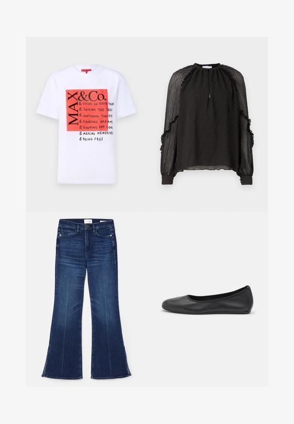 MAX&Co. &CO TEE - Tricou cu imprimeu - white; Hofmann Copenhagen XENIA - Bluză - black; Jeans evazate de culoare albastră închisă, fabricate din denim. Prezintă o talie înaltă, buzunare frontale și detalii cu fante la tiv. Design clasic cu cinci buzunare.; Balerini din piele neagră, cu vârf rotund, textură netedă, detalii de cusătură minimale și un design al tălpii flexibil.