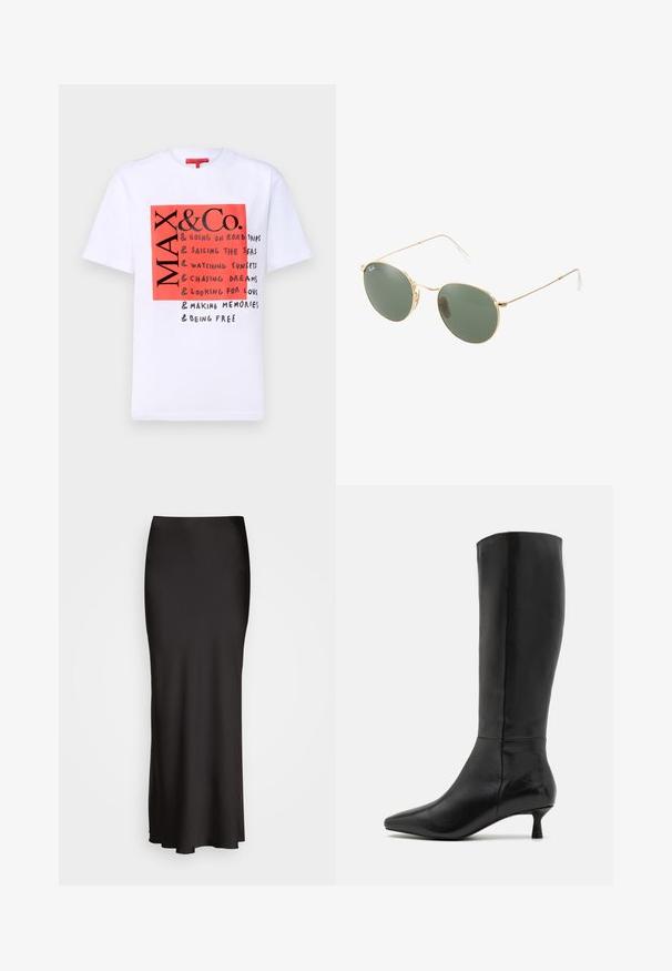 MAX&Co. &CO TEE - T-shirts med print - white; Svart, gulvlange satengsweater med en glatt tekstur, tilpasset livlinje og A-formet silhuett, uten synlige dekorasjoner eller mønstre.; Zign Støvler - black; Gullmetalramme solbriller med grønne linser, rund form, tynne stenger og hvite plastdetaljer på tuppene av armene.