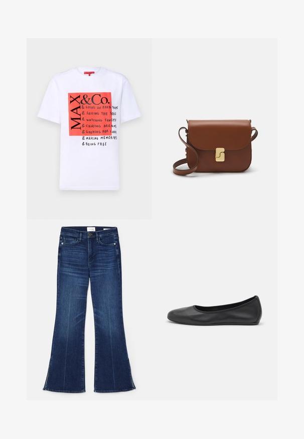 MAX&Co. &CO TEE - T-shirt print - white; Donkerblauwe uitlopende jeans gemaakt van denim. Beschikt over een hoge taille, voorzakken en splitdetails aan de zoom. Klassiek vijfzakontwerp.; Zwarte leren ballerina met een ronde neus, gladde textuur, minimale stikdetails en een flexibele zoolontwerp.; Bruine leren handtas met een klep sluiting, gouden hardware, een schouderband en een gladde textuur. Compact rechthoekige vorm.