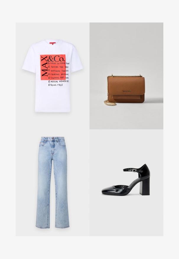 MAX&Co. &CO TEE - T-shirt print - white; Lichtblauwe high-waisted jeans met een rechte pijp, voorzien van vervaagde denimtextuur, rode stikselaccenten en een klassieke vijfzakkenontwerp.; Zwarte lakleren hoge hakken met een vierkante neus, enkelbandje en een chunky hak. Inclusief geperforeerde details langs de rand.; Bruine lederen schoudertas met textuur, voorzien van een gouden kettingstrap en klepsluiting. De voorkant heeft een logo-detail en een zak onder de klep.