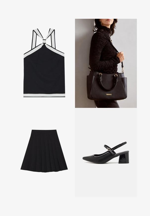 Svart halterneck-top med hvite detaljer, med en knyttet bakdesign, teksturert finish og en tettsittende silhuett. Enkel og moderne.; Svart plisserte skjørt laget av teksturert stoff med en tettsittende linning. Går til knelengde, med en glatt, ren silhuett.; Sorte lakk lær slingback hæler med spiss tå, et avrundet utskjæringsdesign og blokkheel. Har en gulltone spenne som detalj.; Svart håndveske med teksturert overflate, doble topphåndtak og justerbar skulderrem. Har detaljer i gulltone og sidelommer.