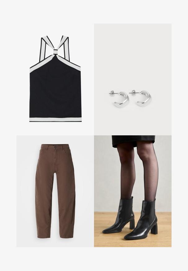 Sort halterneck top med hvide accenter, der har et knyttet rygdesign, en struktureret overflade og en tætsiddende silhuet. Enkel og moderne.; Brune lige bukser med frontknap og lynlås, bæltestropper og sidelommer, præsenteret på en hvid baggrund.; Sorte læderankelstøvler med spids tå, kraftig firkantet hæl og slankt design. Har elastiske sidepaneler for nem påtagning.; Sølvøreringe med en glat, poleret overflade. Rund form med et let buet design og sammenblandede kanter. Med stiftlåsesystem.