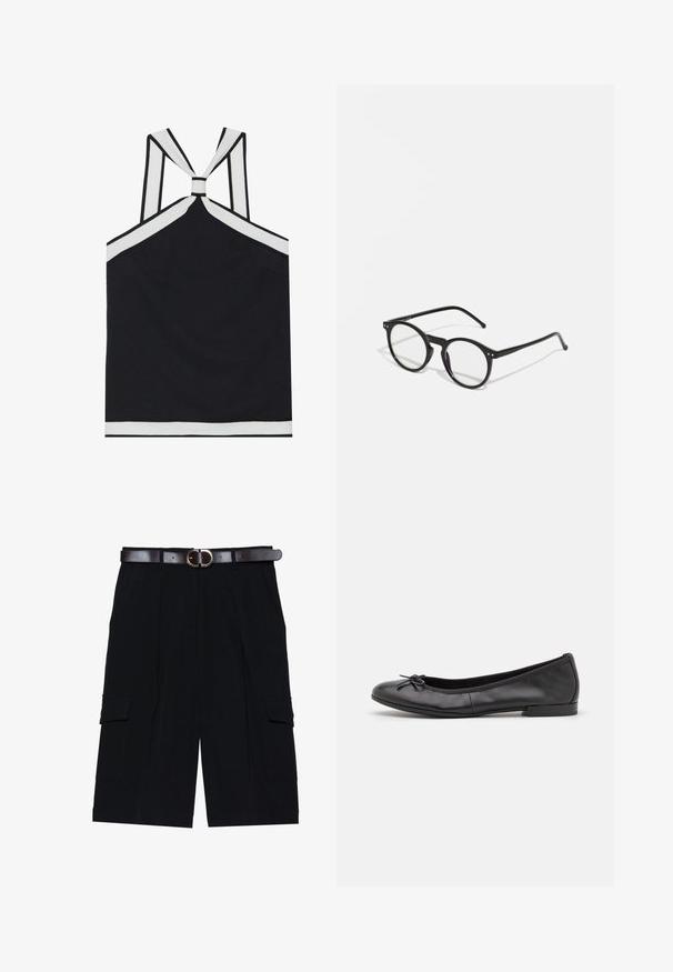 Black halter top with white accents, featuring a knotted back design, a textured finish, and a fitted silhouette. Simple and modern.; Black cargo shorts made from lightweight fabric, featuring a straight cut, side pockets, and a brown leather belt with a silver buckle.; Tamaris Ballet pumps - black; Round black sunglasses with clear lenses, thin black arms, and small metallic accents on the front. Classic design with minimalist style.