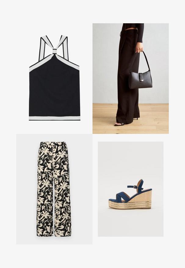 Juodas halter tipo topas su baltais akcentais, turintis mazgo dizainą nugaroje, tekstūrizuotą apdailą ir prigludusią siluetą. Paprasta ir modernaus stiliaus.; Juodos plačios kojos kelnės su grietinėlės spalvos gėlių raštu. Pagamintos iš lengvos medžiagos, pasižyminčios lygiapass viršutine tekstūra ir aukštu liemeniu.; Tamsiai mėlynos spalvos platforminės sandalai su kryžminėmis juostelėmis, tekstūruota natūralaus pluošto platforma ir auksiniu metaliniu akcentu ant pagrindo.; Juodas rankinė struktūrizuota forma, lygi tekstūra ir metalinis užsegimas. Suporuota su plačiomis juodomis kelnėmis ir atvirais bateliais ant medinių grindų.