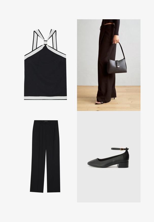 Top negro tipo halter con acentos blancos, que presenta un diseño de espalda anudada, un acabado texturizado y una silueta ajustada. Sencillo y moderno.; Pantalones negros con un diseño de pierna recta, que cuentan con dos bolsillos frontales y una cinturilla. Fabricados con una tela suave y ligera.; Zapato de tacón negro de cuero con punta afilada y tacón bajo cuadrado. Presenta una correa para el tobillo con una hebilla en tono dorado. Textura suave.; Bolso negro con forma estructurada, textura suave y un cierre metálico. Combinado con pantalones anchos negros y sandalias de dedo en un suelo de madera.