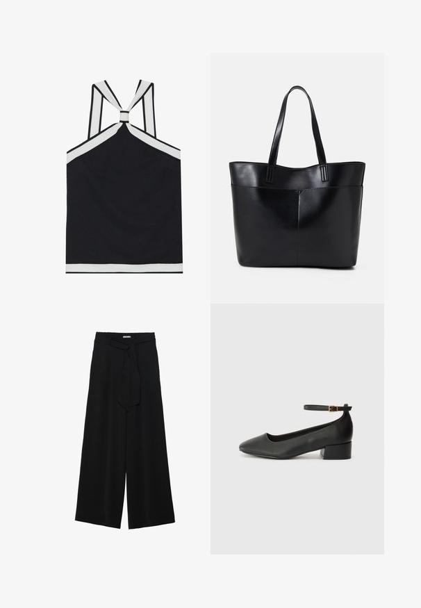 Mustvalge halter-top, millel on valged aksendid, sõlmega seljaosa disain, tekstureeritud viimistlus ja keha lähedane siluett. Lihtne ja kaasaegne.; Mustad laiad püksid, millel on tekstureeritud kangas, elastne vöökoht ja eemaldatav pael vööst, et reguleerida sobivust.; Must mustaapp, millel on terav nina ja madal blokk-kand. Omab pahkluu rihma koos kuldse tooni pandlaga. Sile tekstuur.; Must mustaga musta nahast, millel on kaks pikka kanda, sile tekstuur ja struktureeritud kuju. Esipoolsel on lisakoti jaoks tasku.
