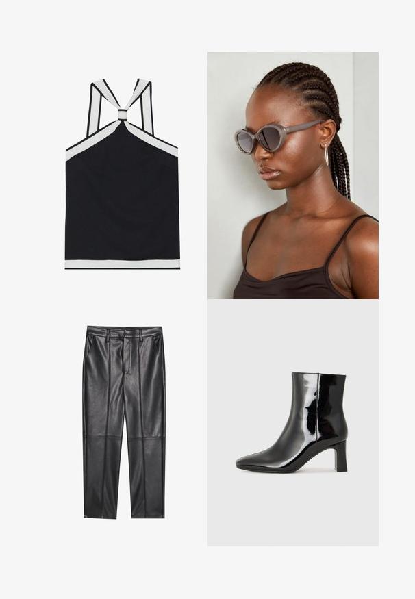 Černý halter top s bílými akcenty, s uzlovým designem na zádech, texturovaným povrchem a přiléhavou siluetou. Jednoduchý a moderní.; Černé kožené kalhoty s hladkou texturou, se střihovým provedením rovného střihu, dvěma předními kapsami a viditelnými švy.; Černé lakované kotníkové boty s špičatou špičkou a středně vysokým blokovým podpatkem. Hladká textura a minimalistický design.; Šedé oversized sluneční brýle s kulatým tvarem a tmavými skly. Elegantní plastový rám s hladkým povrchem. Modelka má copánky.