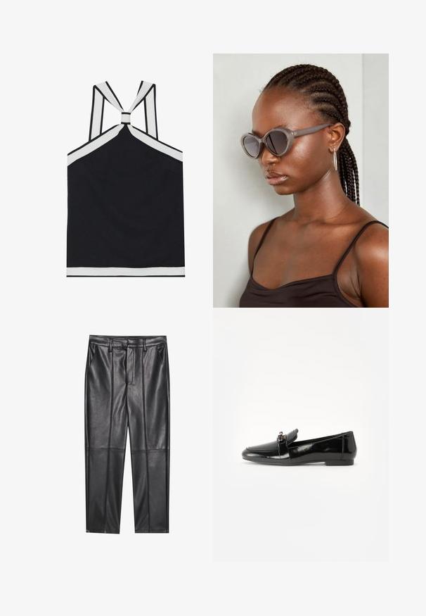 Top halter negru cu accente albe, având un design cu spate legat, o finisare texturată și o siluetă ajustată. Simplu și modern.; Pantaloni din piele neagră cu o textură netedă, având o croială dreaptă, două buzunare frontale și detalii vizibile ale cusăturilor.; Loafers din piele patent neagră cu talpă plată, vârf rotund și o bandă decorativă cu un accent în ton de aur. Finisaj neted, lucios.; Ochelari de soare supradimensionați gri, cu formă rotundă și lentile închise la culoare. Rame din plastic elegante, cu un finisaj neted. Modelul are părul împletit.