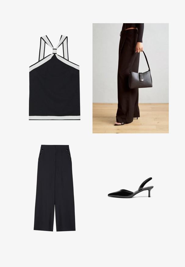 Mustakotoinen hihaton yläosa valkoisilla yksityiskohdilla, jossa on solmittu selkädesign, teksturoitu pinta ja vartalonmyötäinen siluetti. Yksinkertainen ja moderni.; Avokkaat housut tummansinisestä kankaasta, joissa on sileä texture, etu laskokset ja koristeelliset kultasävyiset nauhat sivutaskuissa.; Musta patentoitu nahka slingback-korkokengät, joissa on terävä kärki, matala stiletto-korko ja tyylikäs, yksinkertainen muotoilu ilman koristeita.; Musta käsilaukku, jossa on rakenteellinen muoto, sileä pinta ja metallinen solki. Yhdistetty leveisiin mustiin housuihin ja avonaiheisiin sandaaleihin puulattialla.